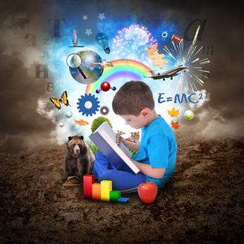 Boy Reading Book with Education Objects